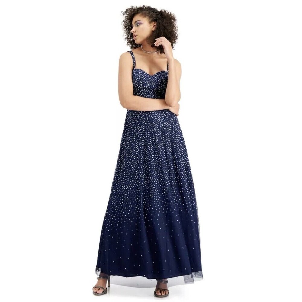 Trixxi Dress Womens 3 Navy Blue Glitter Dot Formal Gown Fit Flare Tulle MSRP 149